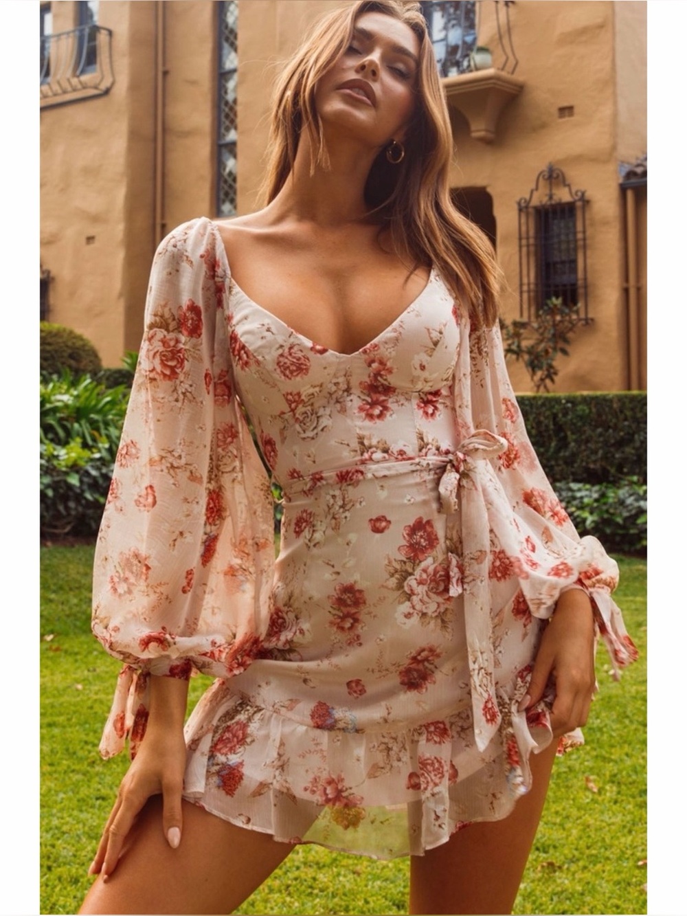 Hello Molly Make Memories Balloon Sleeve Molded Bust Floral Mini Dress